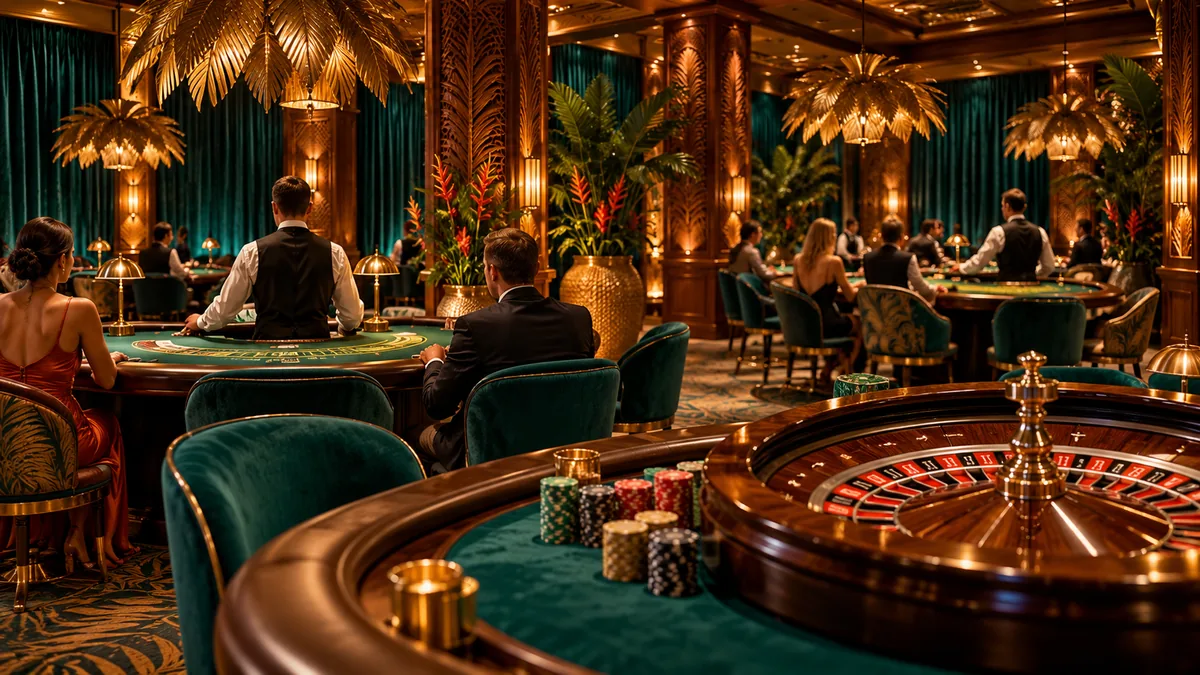 Table games in the windowless gaming hall of the Everora hotel casino
