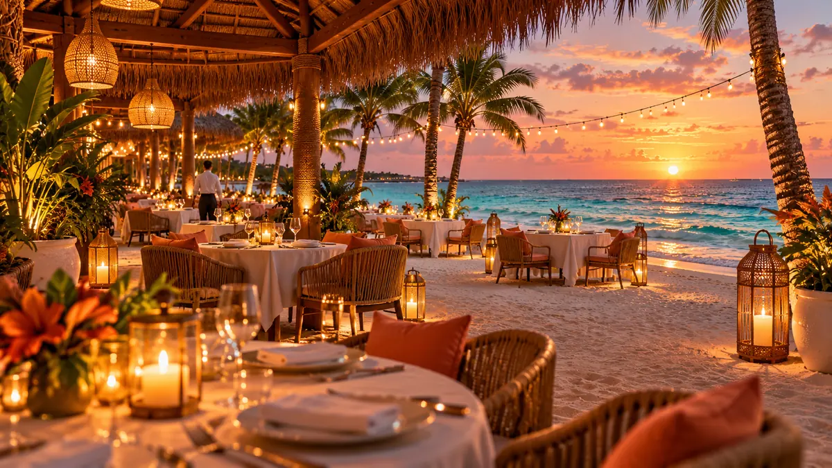 The beach restaurant of the Everora casino resort with tables on the sand at dusk